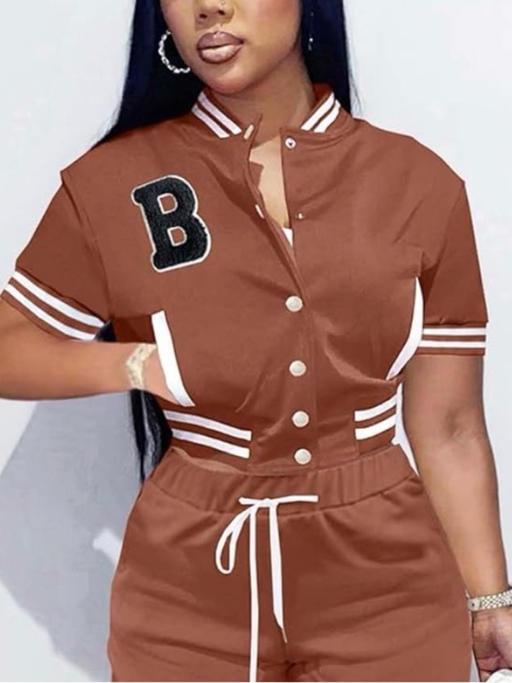 Women's Brown Short-Sleeve Varsity Jersey Top